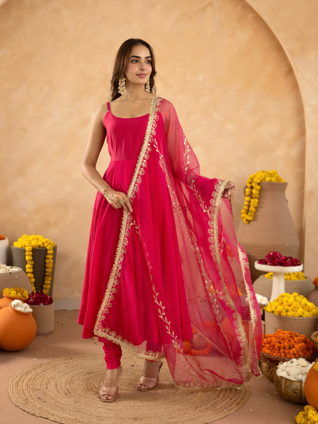 Fuchsia Chanderi Anarkali with Aari Work & Sequin Embellished  Dupatta