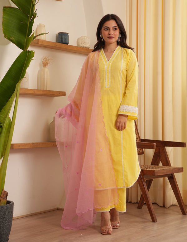 Heaven Yellow Cotton Staright Suit Set
