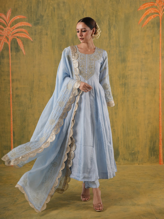 Firoza Ice Blue Silk Aari Anarkali Set