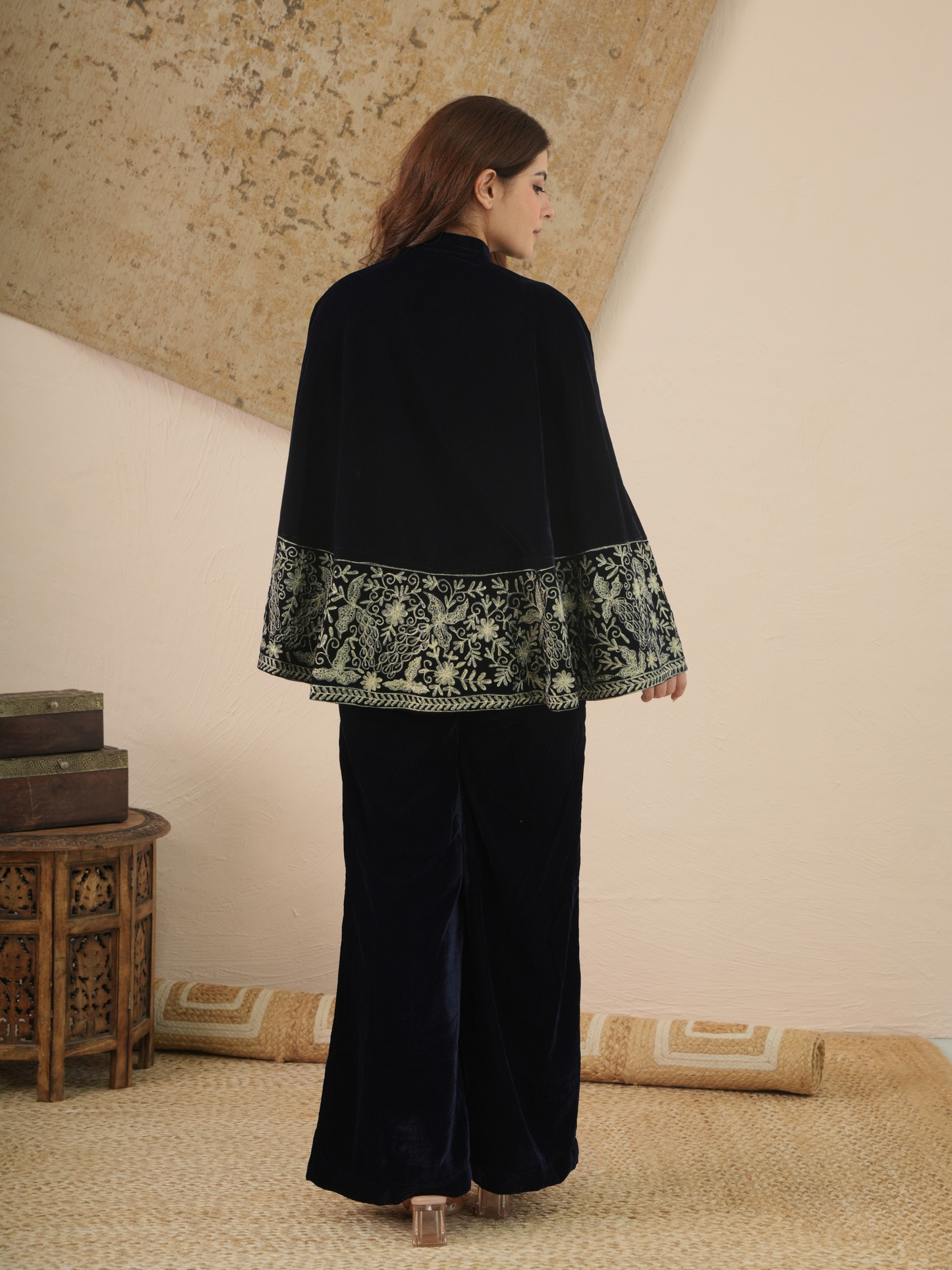 Hayat Midnight Blue Velvet Co-ord Set with Embroidered Cape