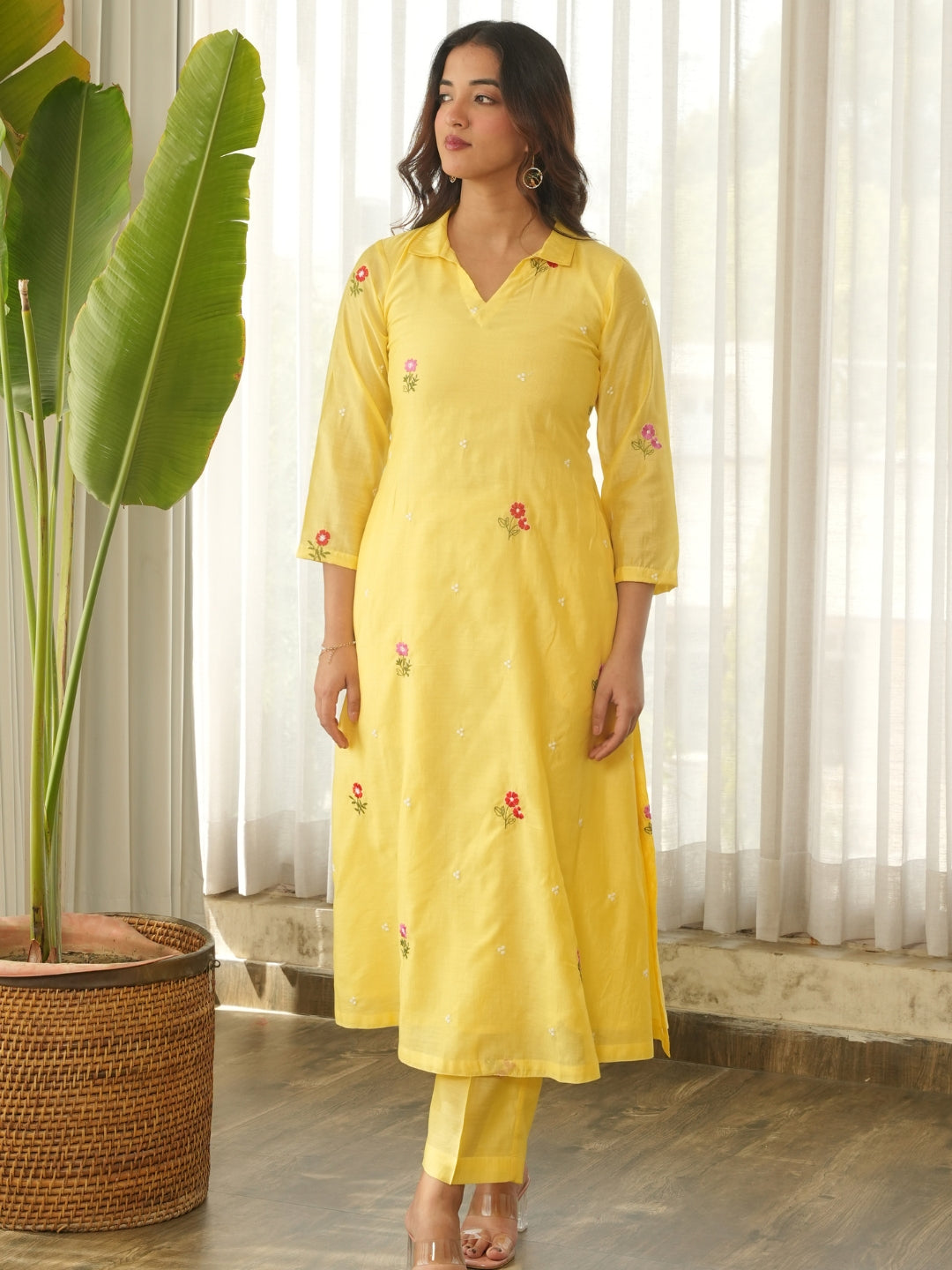 Lemon Yellow Embroidered Chanderi Kurta Set with Pants & Dupatta