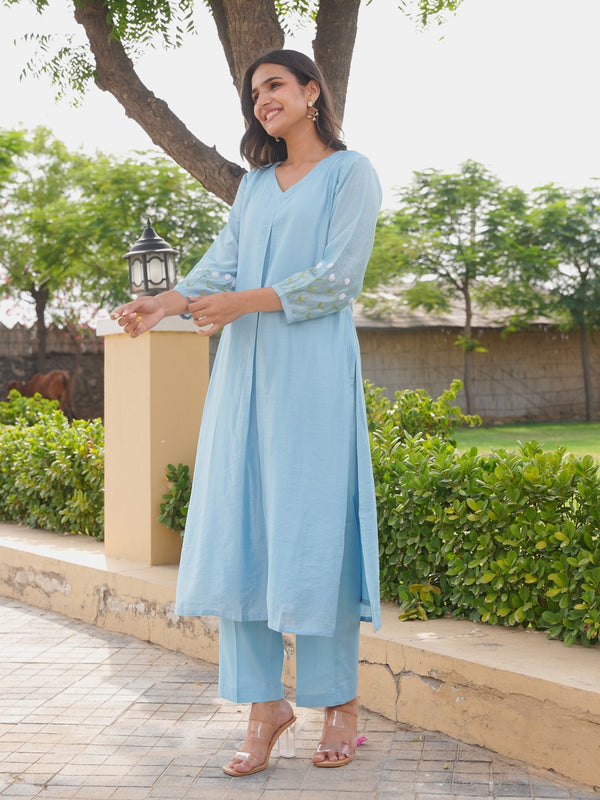 Bluebell Floral Aari Work Chanderi Kurta Set