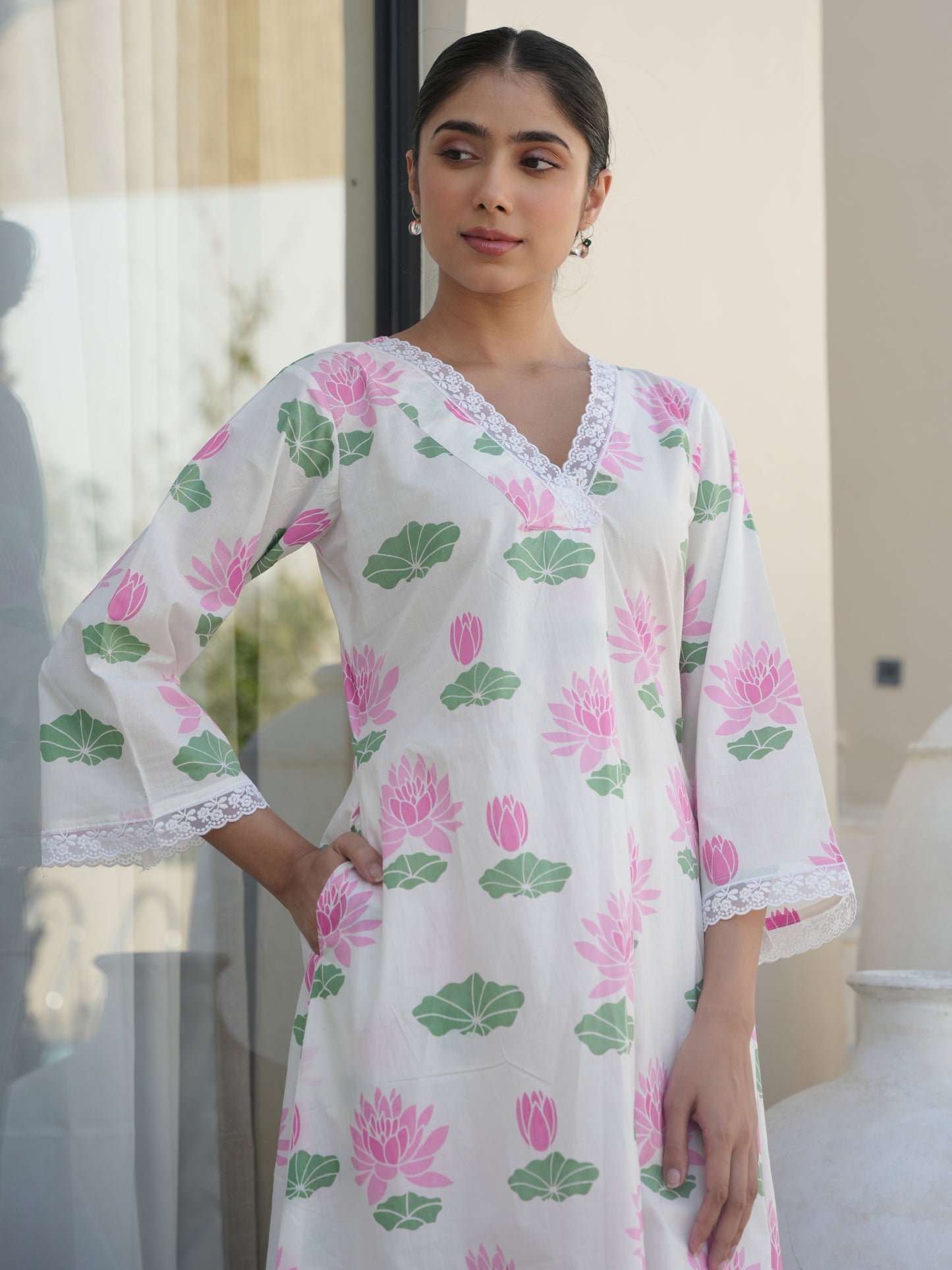 PINK LOTUS COTTON BLOCK PRINT SUIT SET