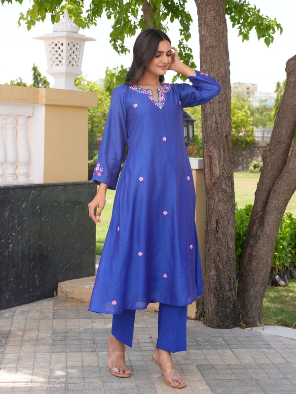 Blue Floral Handwork Chanderi A-Line Kurta Set