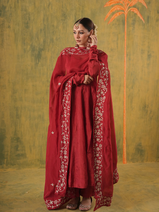 Rani Gulnar Maroon Embroidered Silk Anarkali Set