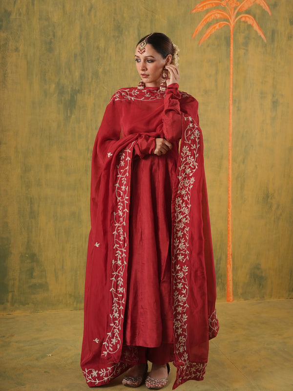 Rani Gulnar Maroon Embroidered Silk Anarkali Set