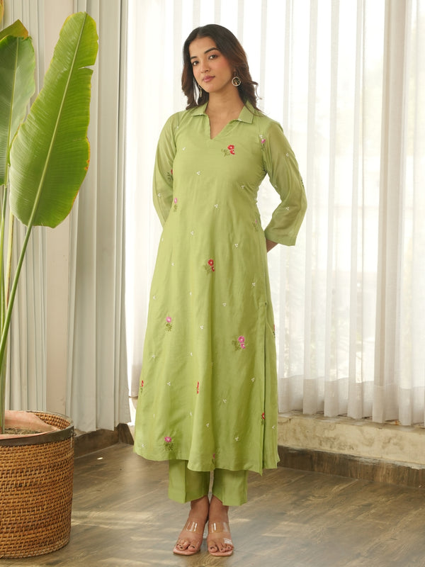 Pistachio Green Embroidered Chanderi Kurta Set with Pants & Dupatta