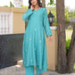 Teal Aqua Daisy Chanderi A-Line Kurta Set