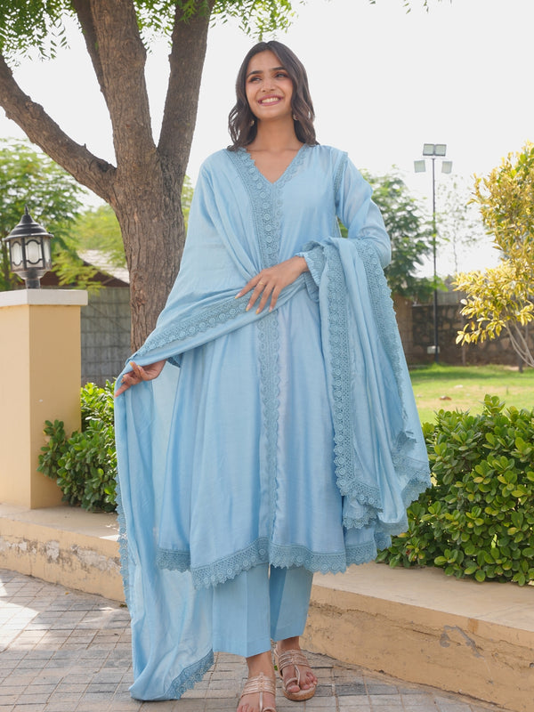 Ice Blue Chanderi Lace Work Kurta Set