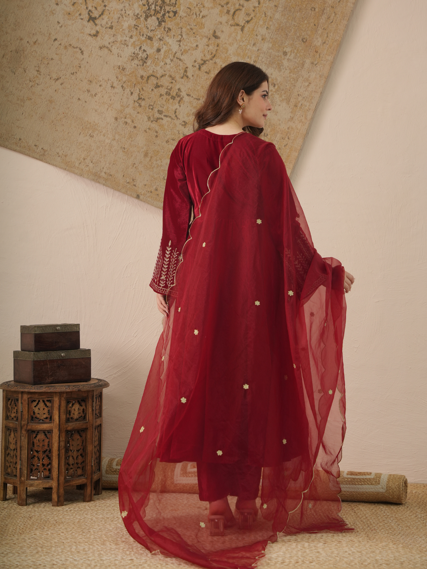 Meher Maroon Velvet Kurta With Pant & Dupatta
