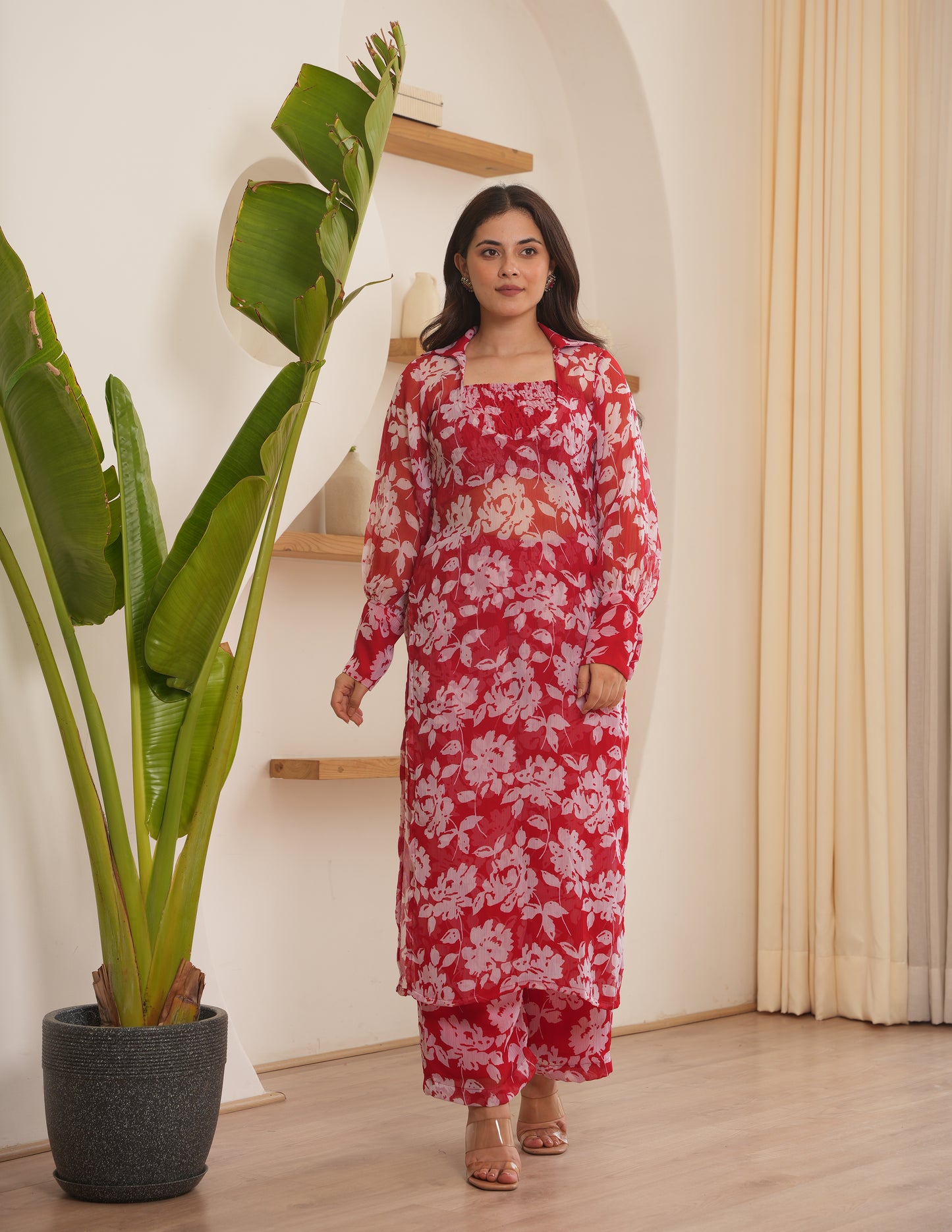 Cora Red Chiffon Kurta Set With Smocked Blouse