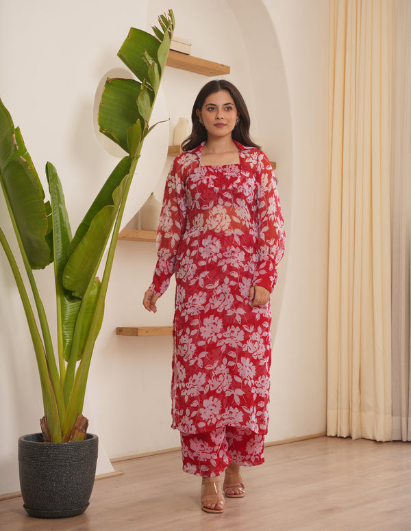 Cora Red Chiffon Kurta Set With Smocked Blouse