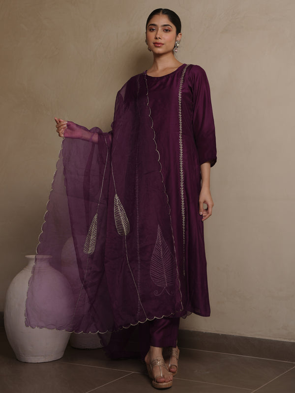 VIOLET CHANDERI AARI WORK SUIT SET