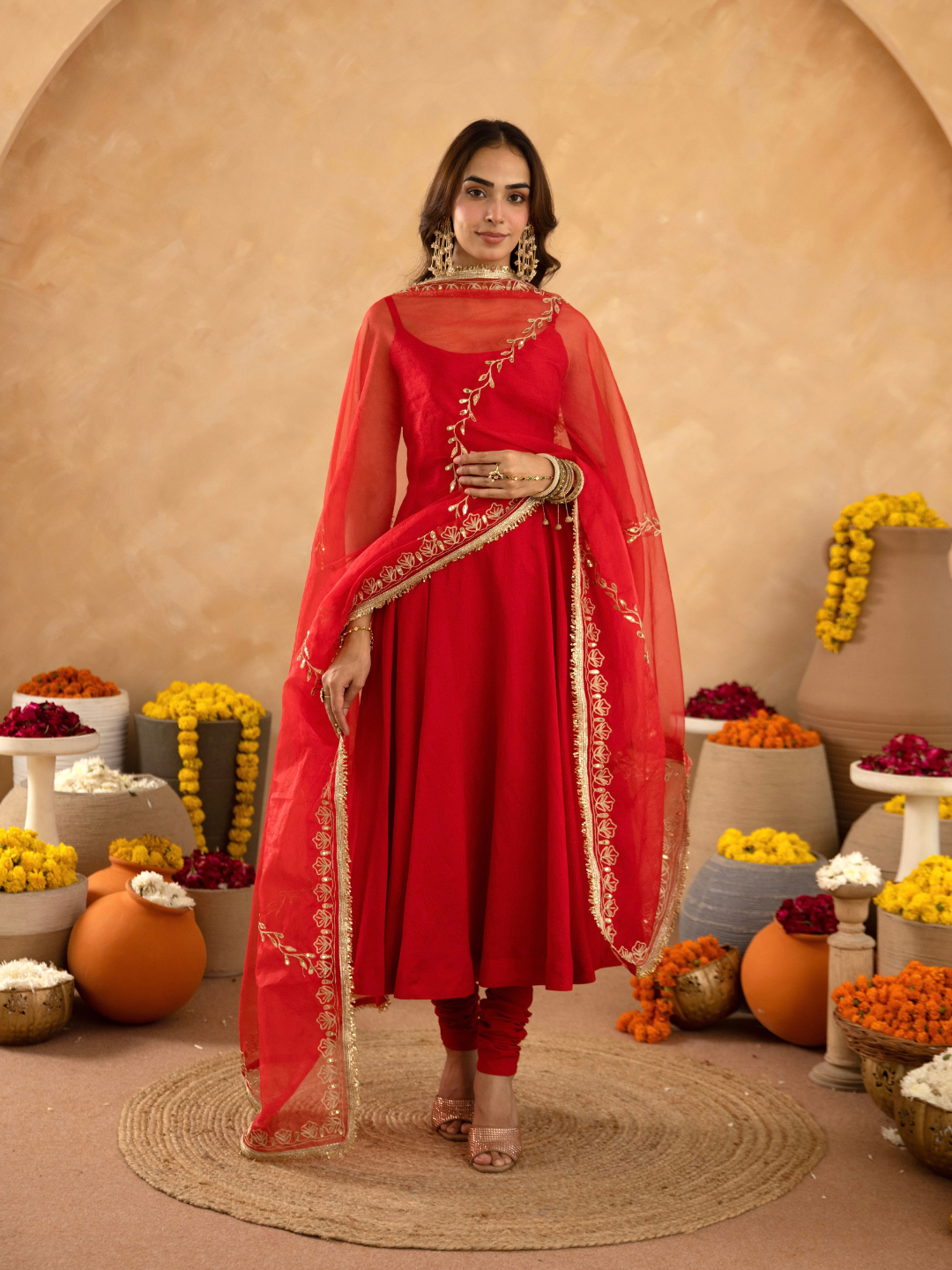 Red Chanderi Anarkali with Aari Work & Sequin Embellished  Dupatta