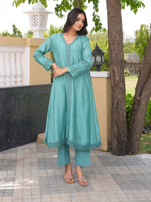 Sea Green Chanderi Lace Work Kurta Set