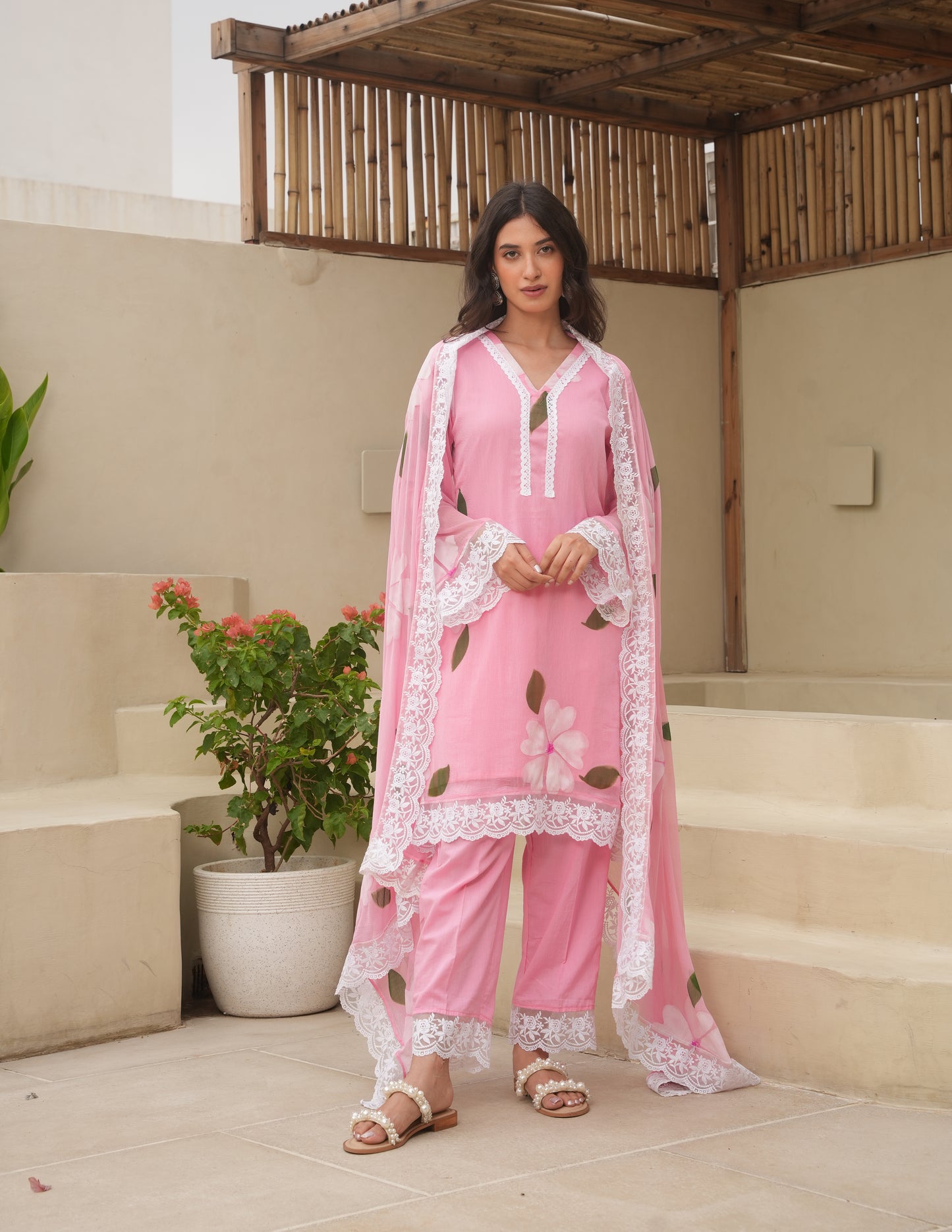 Saga Pink Handpaint Chiffon Suit Set