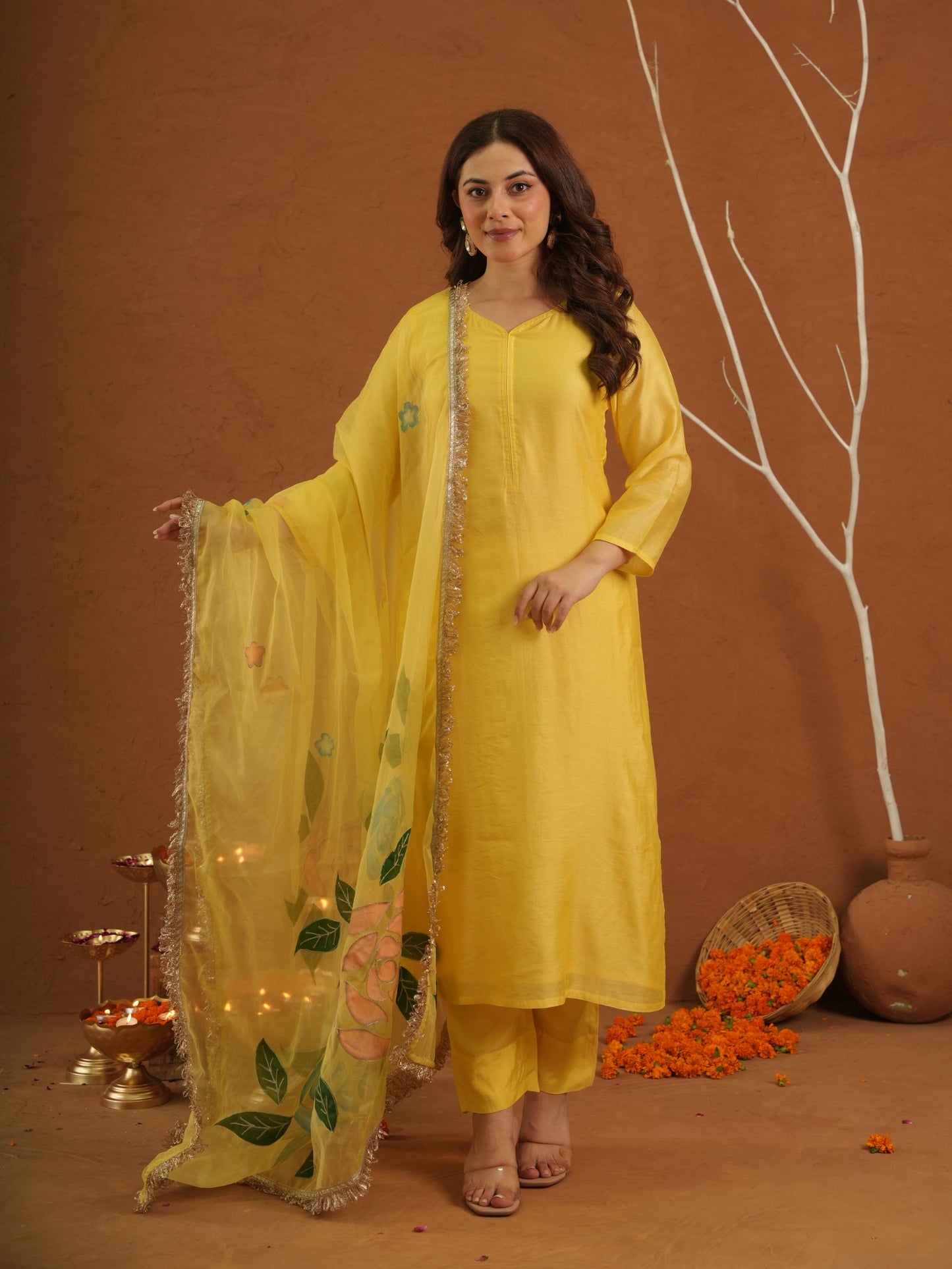 Surror Yellow Chanderi With Handpaint Dupatta