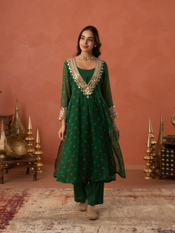 Green Chiffon Bandhej Mirrorwork Kurta Set