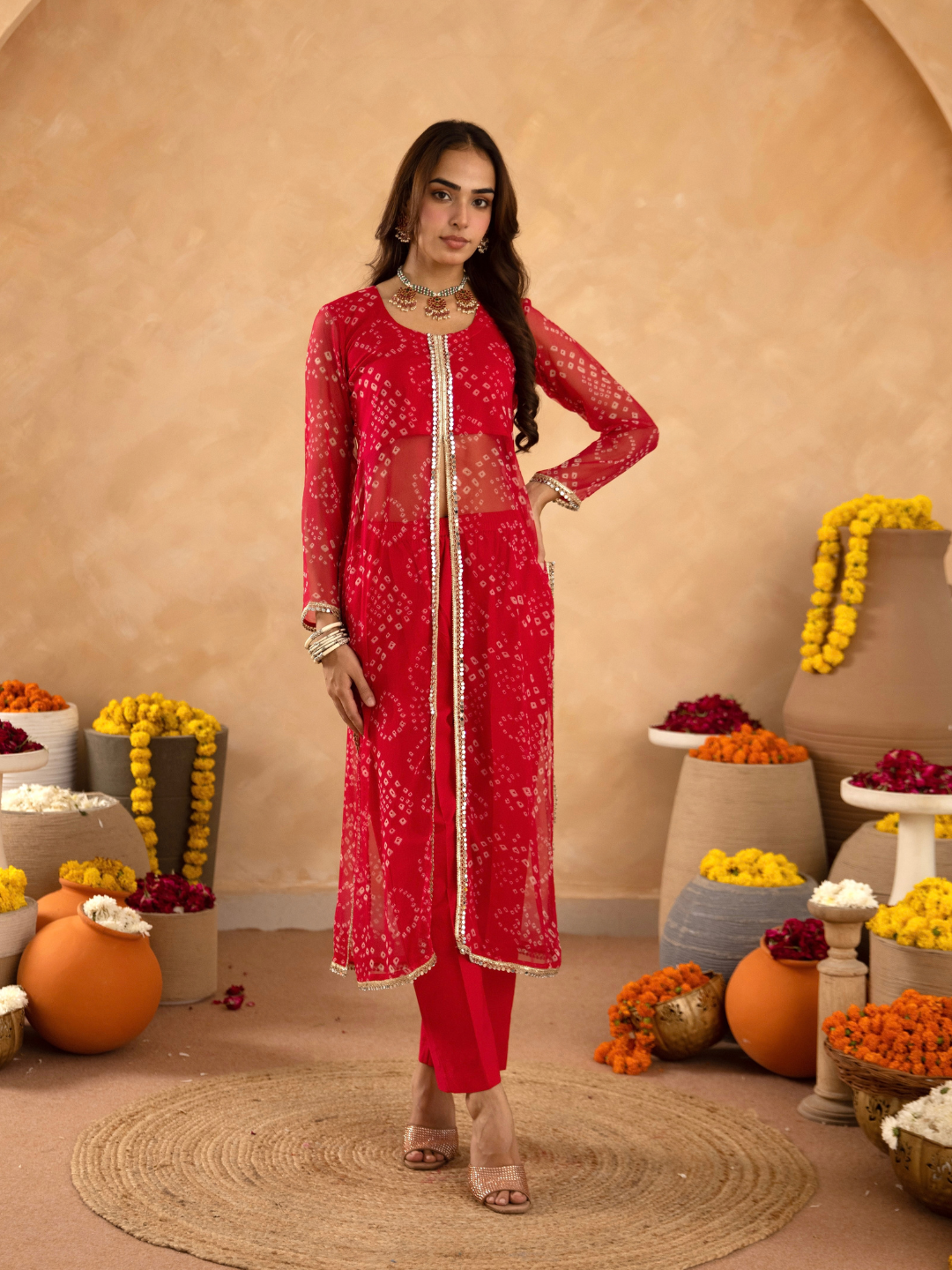 Pink Chiffon Bandhej Mirrorwork Straight Kurta