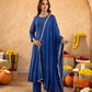 "Royal Blue Doria Hand Embroidered A- Line Kurta  Set"