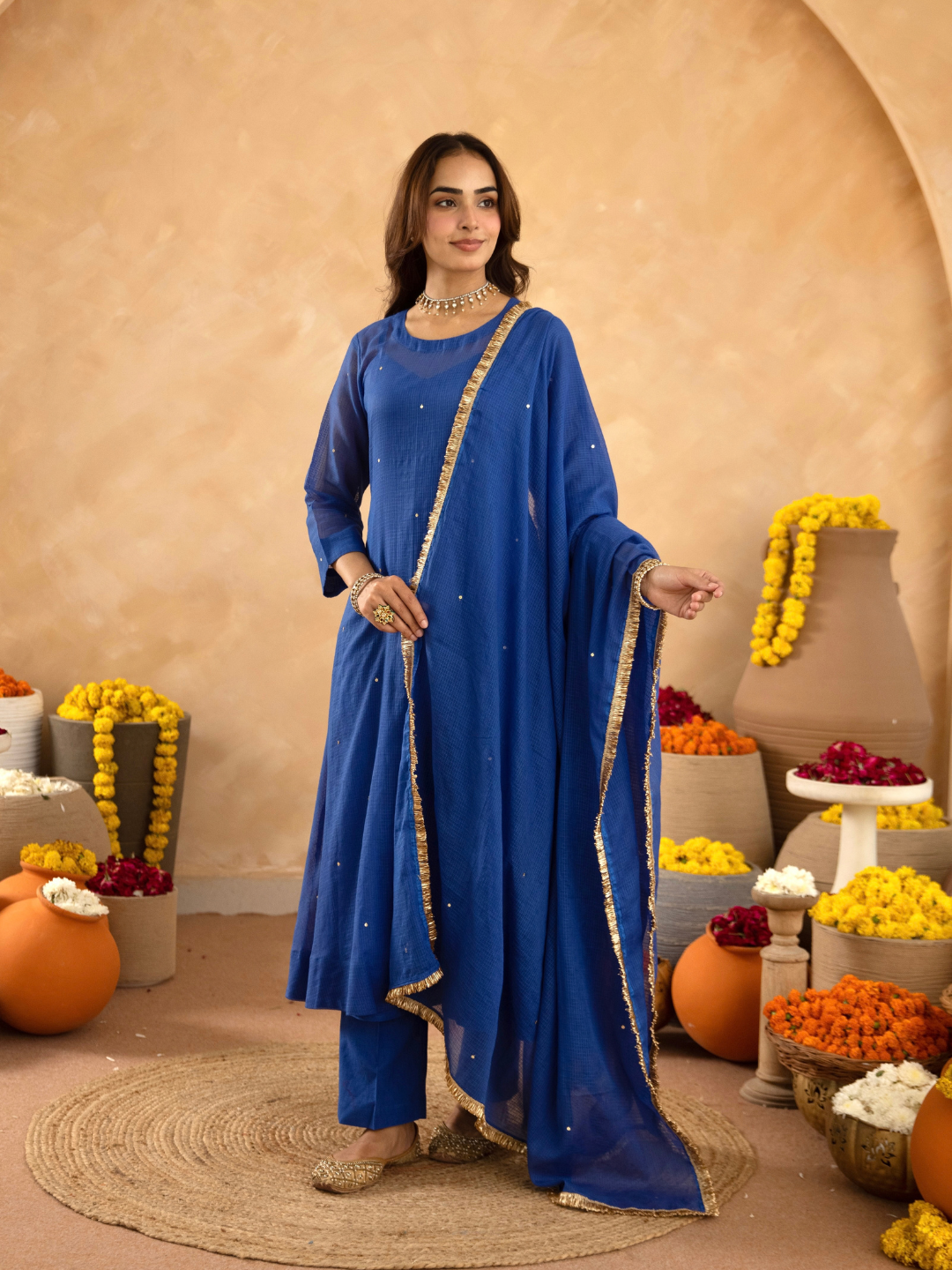 "Royal Blue Doria Hand Embroidered A- Line Kurta  Set"
