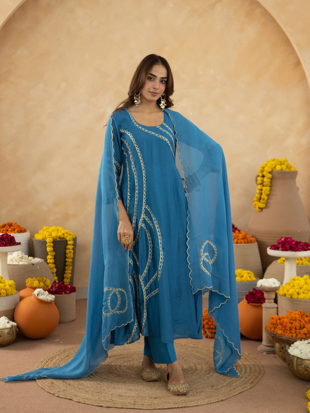 Blue Chanderi Aari Embroidered A- Line Kurta Set