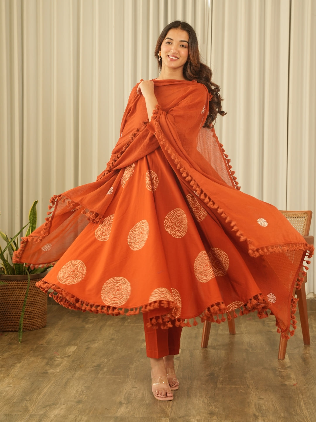 Rust Orange Cotton Screen Print Kurta Set with Pant & Dupatta