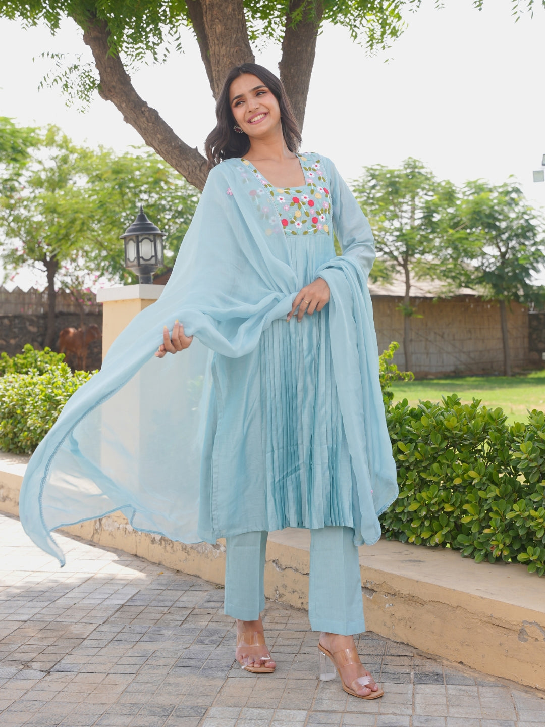 Powder Blue Floral Handwork Chanderi Kurta Set