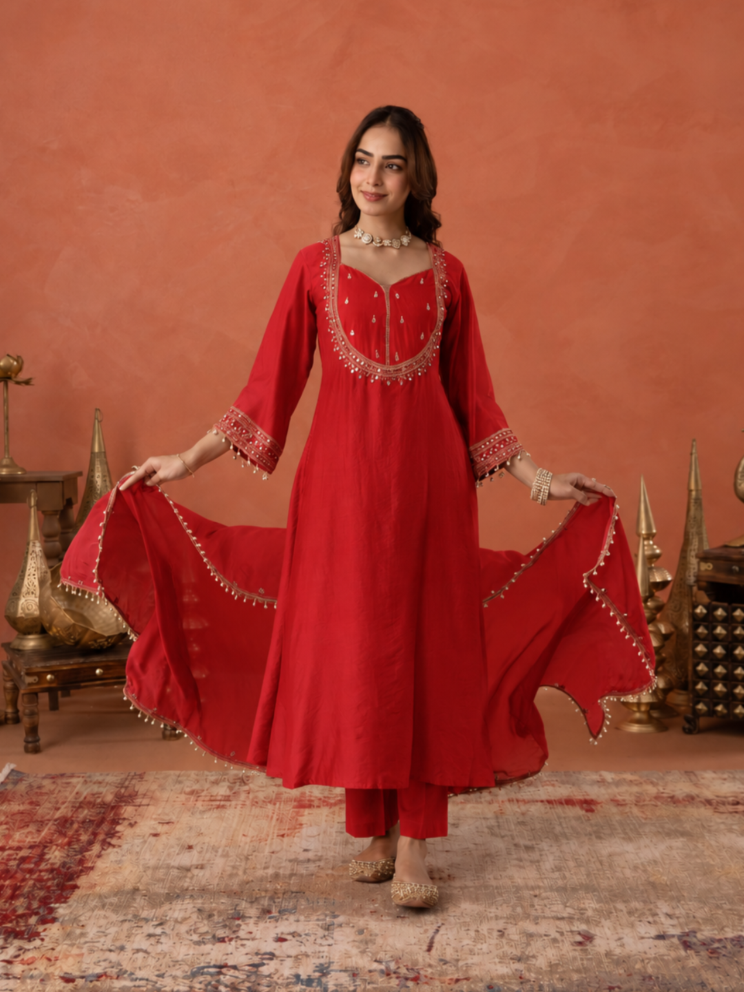 Red Chanderi Mirrorwork A- Line Kurta Set