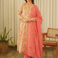 Peach Floral Screen Print Kurta Set with Pant & Dupatta