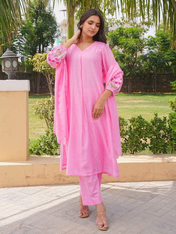 Pink Petal Floral Aari Work Chanderi Kurta Set