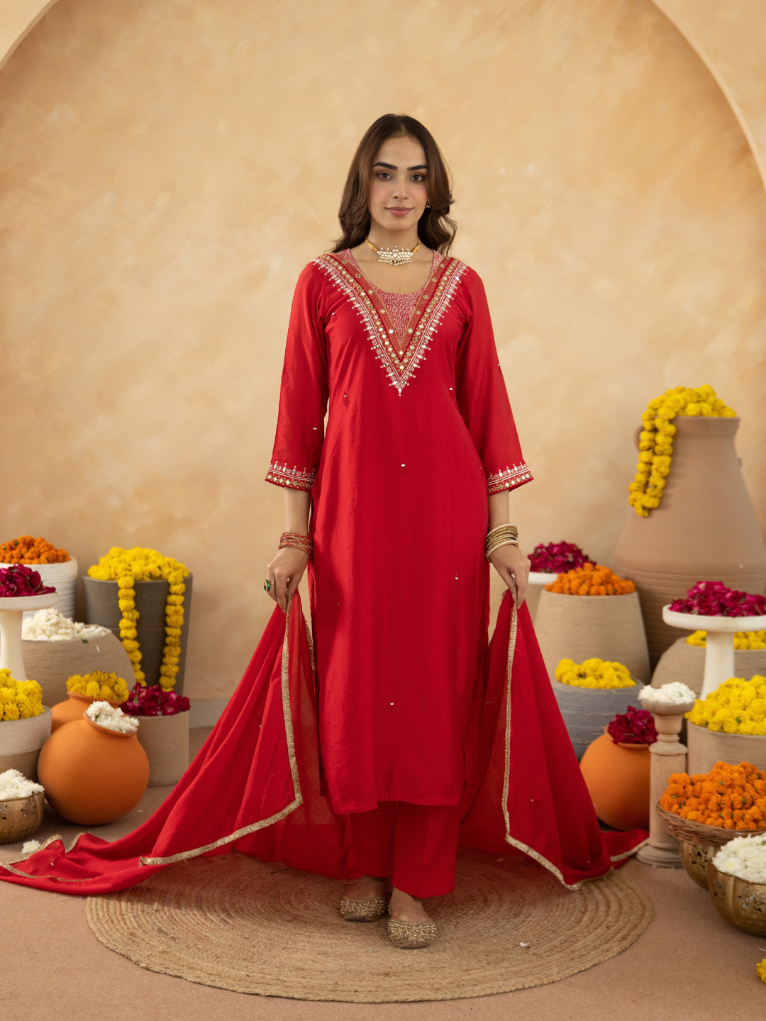 Red Handcrafted Chanderi Mirrorwork Straight Kurta Set