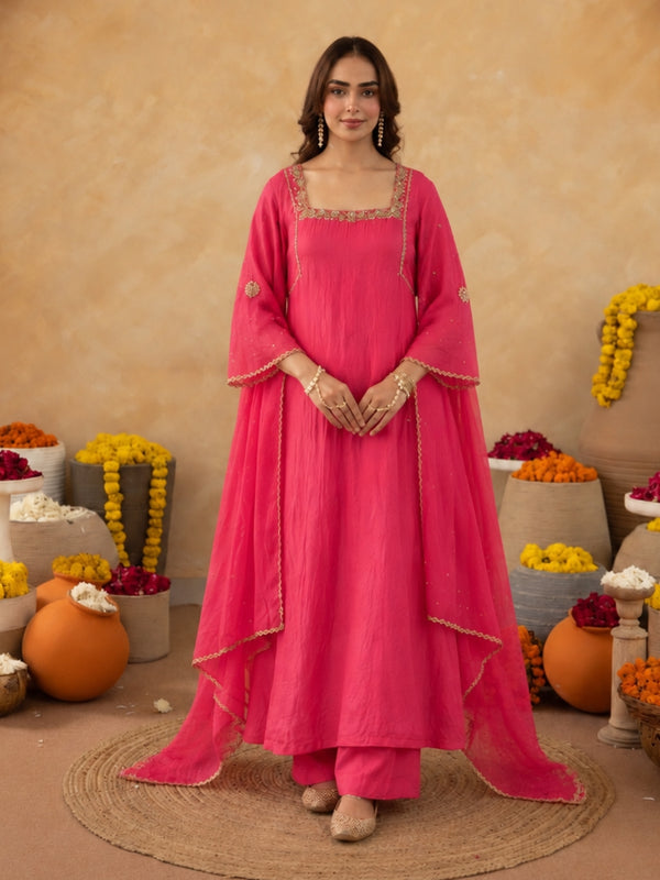Salmon Pink Aari Handwork Chanderi A-Line Kurta set