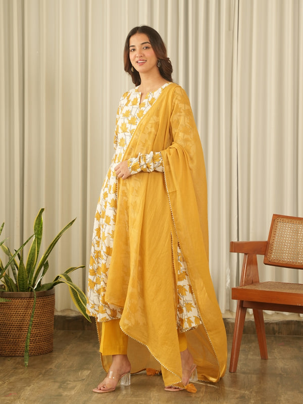 Sunlit Mustard Cotton Print Suit Set