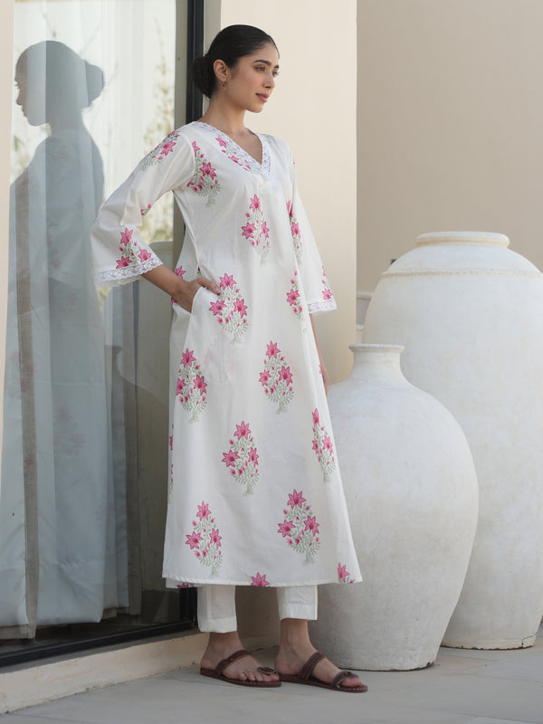 ALOE WHITE COTTON BLOCK PRINT SUIT SET