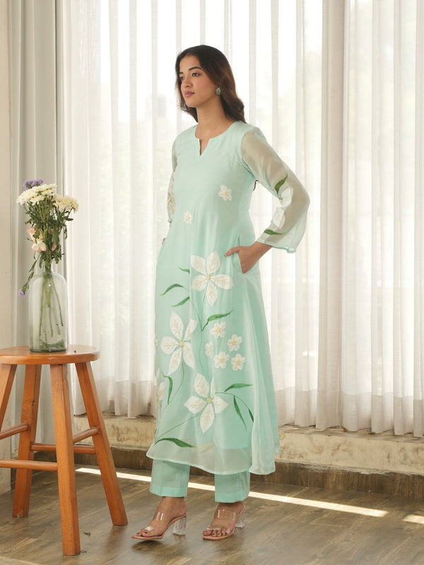 Pastel Mint Hand Paint Soft Organza Suit Set