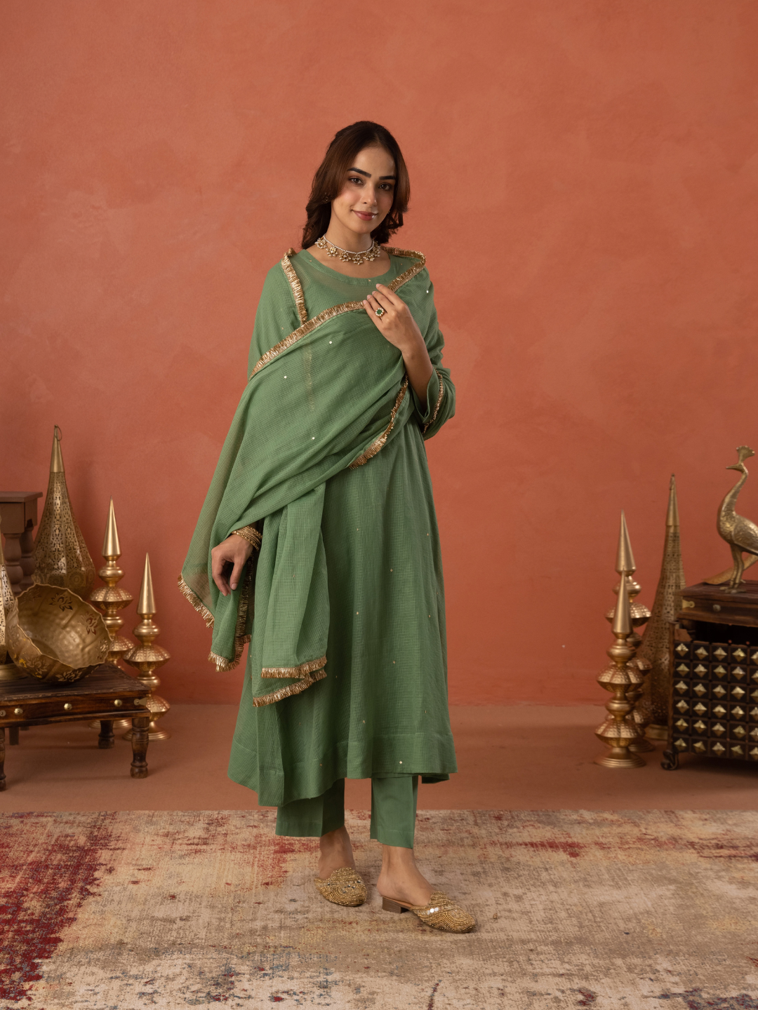 Green Doria Hand Embroidered A- Line Kurta  Set