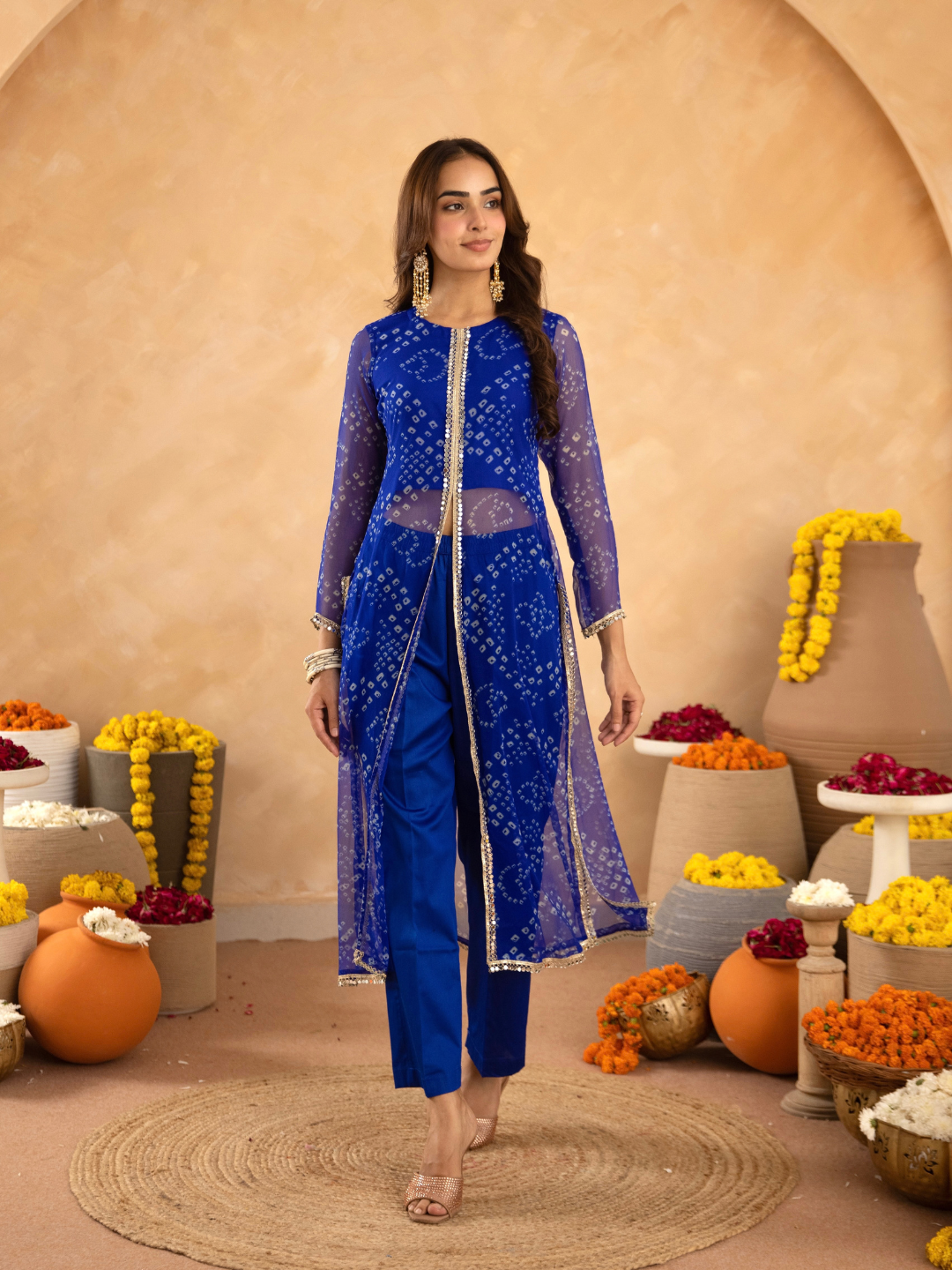 Blue Chiffon Bandhej Mirrorwork Straight Kurta