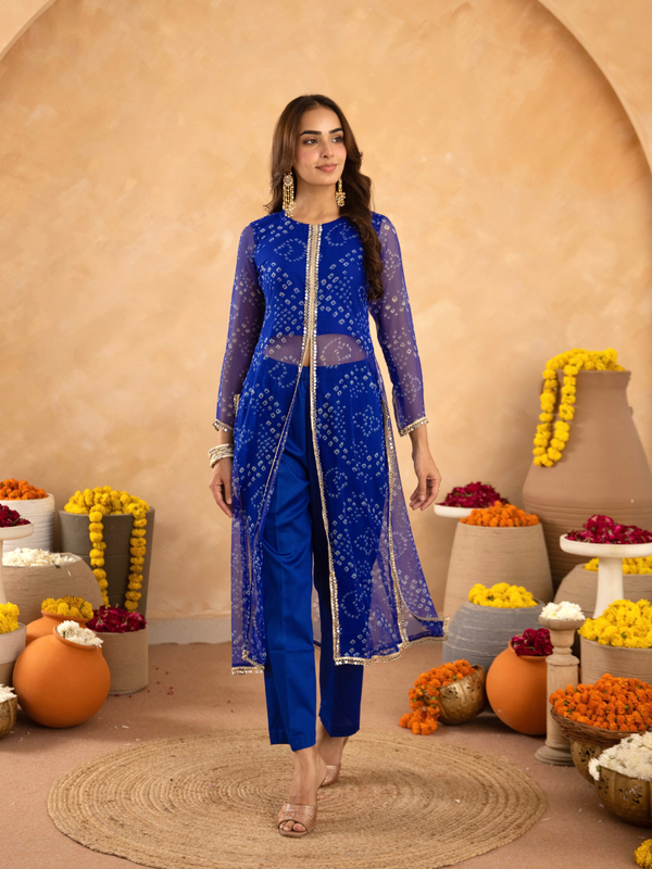Blue Chiffon Bandhej Mirrorwork Straight Kurta