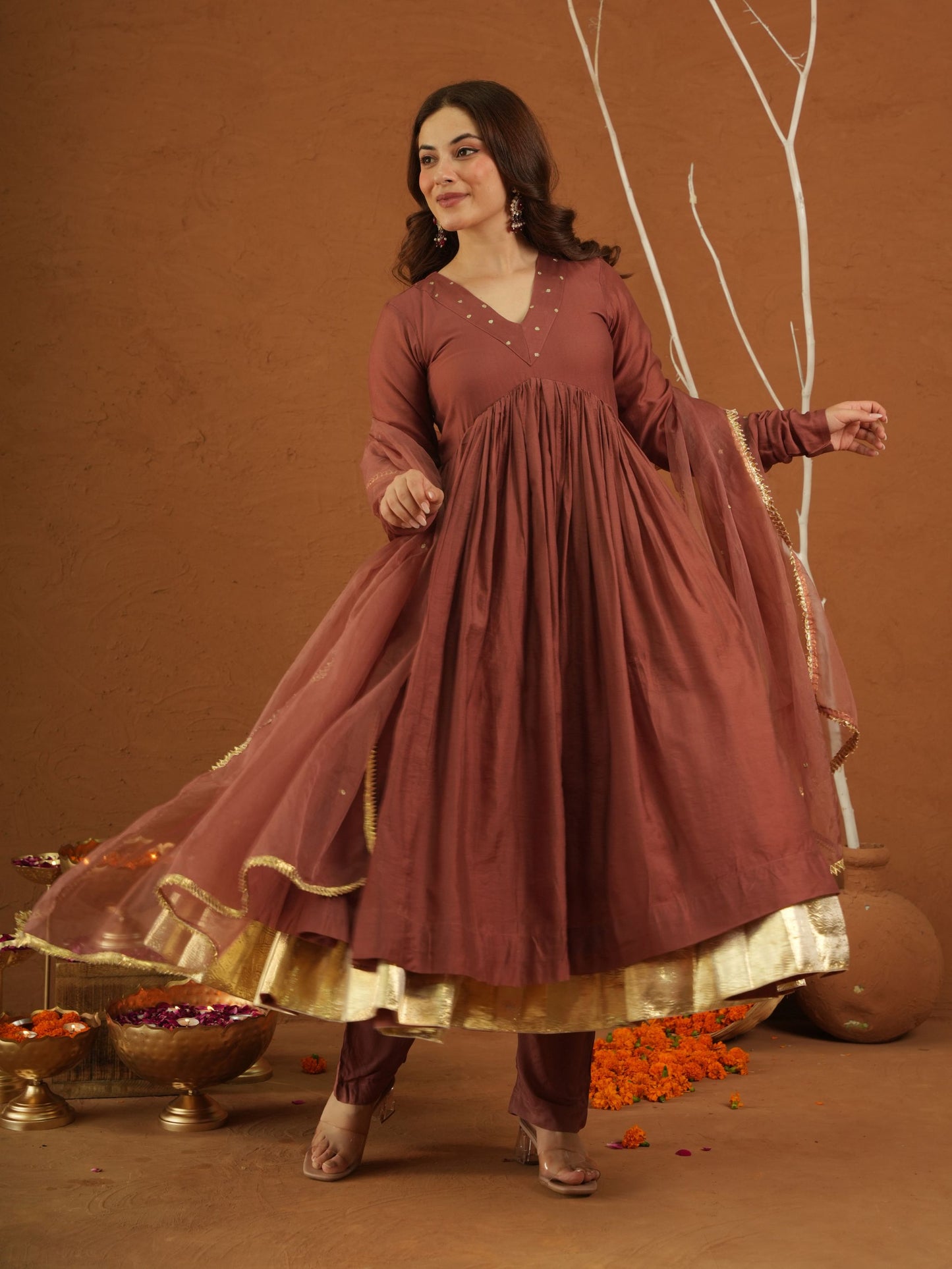 Zariya Brown Chanderi Gota Suit Set