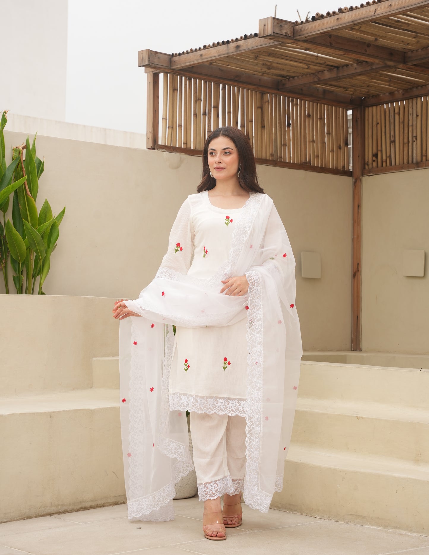 Shy White Embroidered Crushed Cotton Suit Set