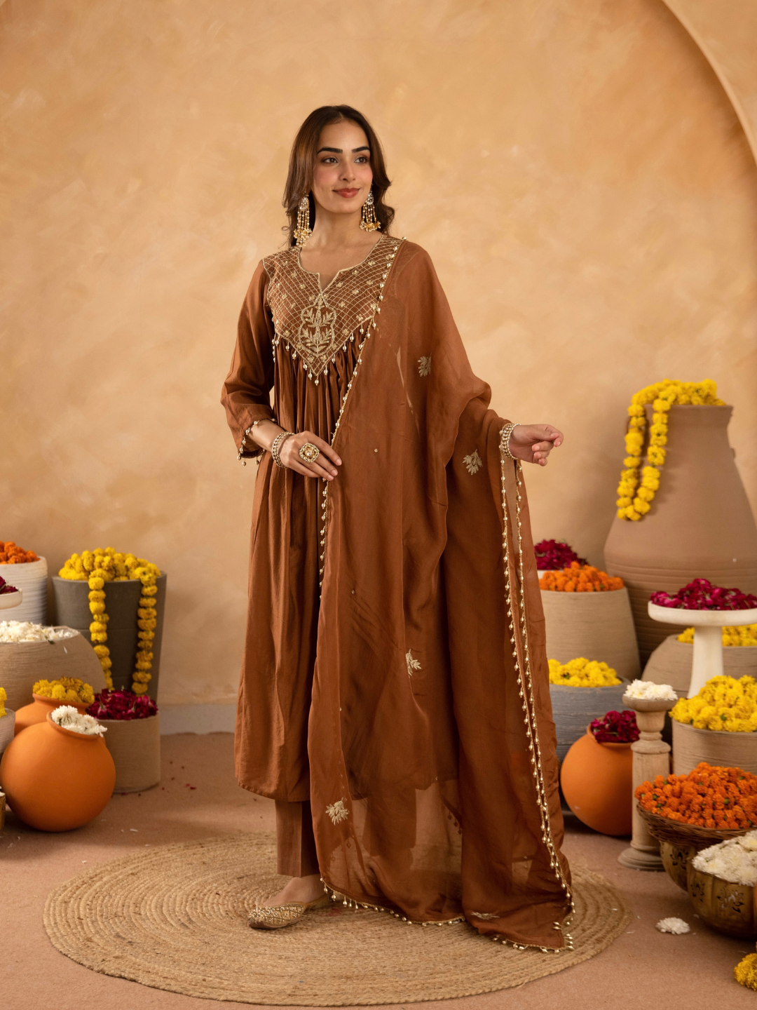 Brown Chanderi Aari & Handwork Gathered Kurta Set