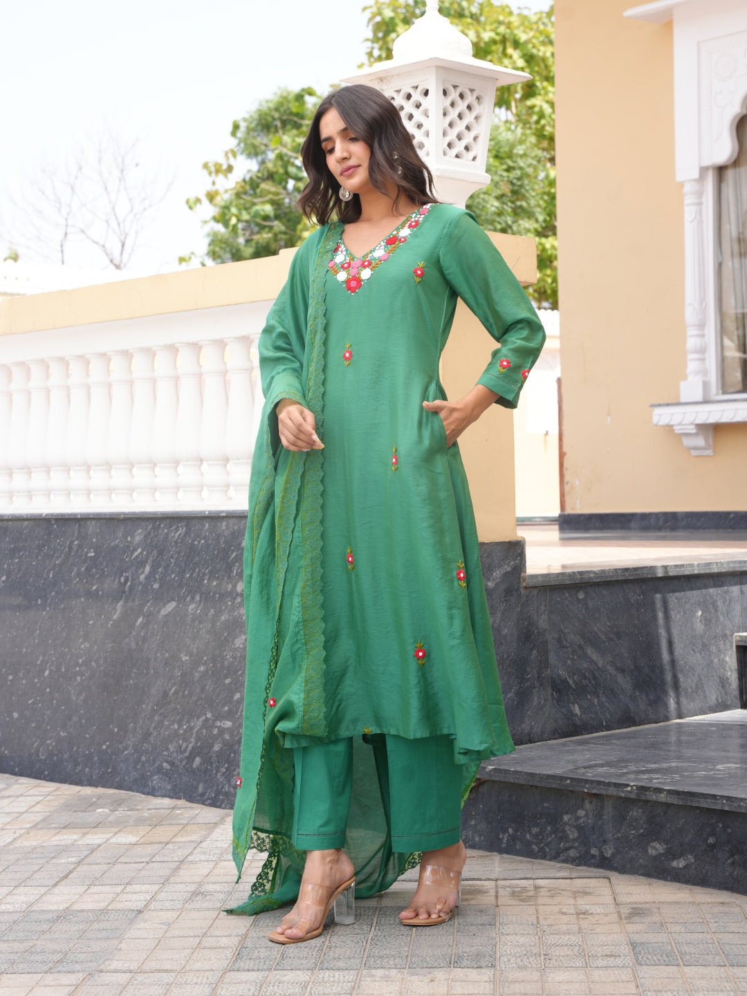 Green Floral Hand Embroidered Chanderi Kurta Set