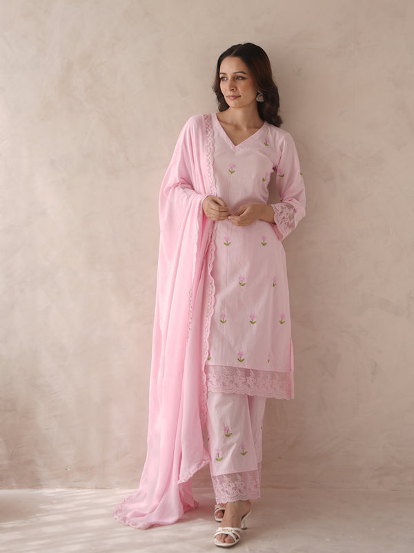 Bloomera pink rose embroidery cotton suit set