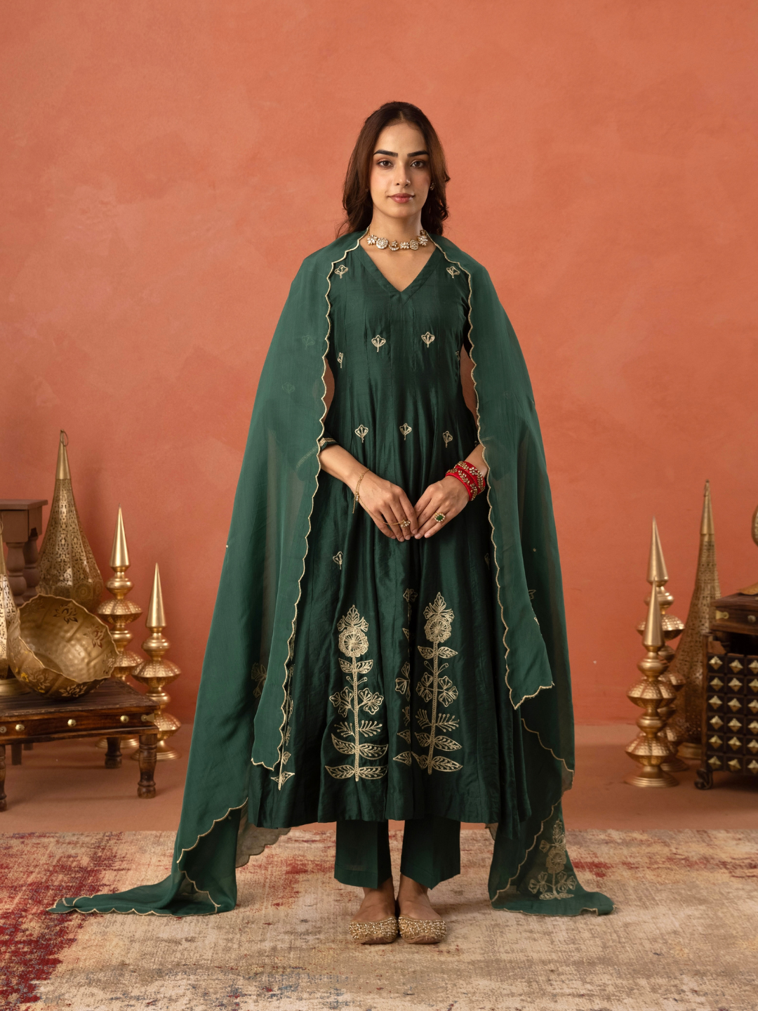 Bottle Green Floral Aari Embroidered Anarkali Set