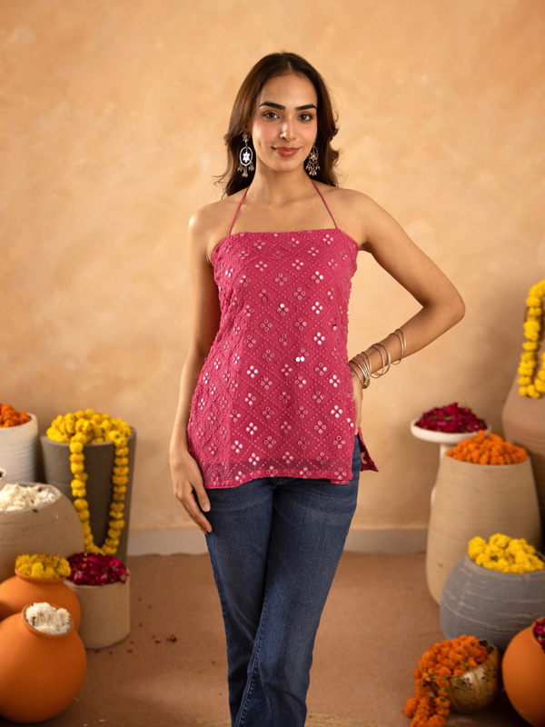 Rose Pink Mirrorwork Chikan Short Kurti