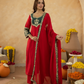 Red Chanderi A-Line Kurta Set with Handwork Detailing &  Organza Dupatta