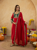 Red Chanderi A-Line Kurta Set with Handwork Detailing &  Organza Dupatta