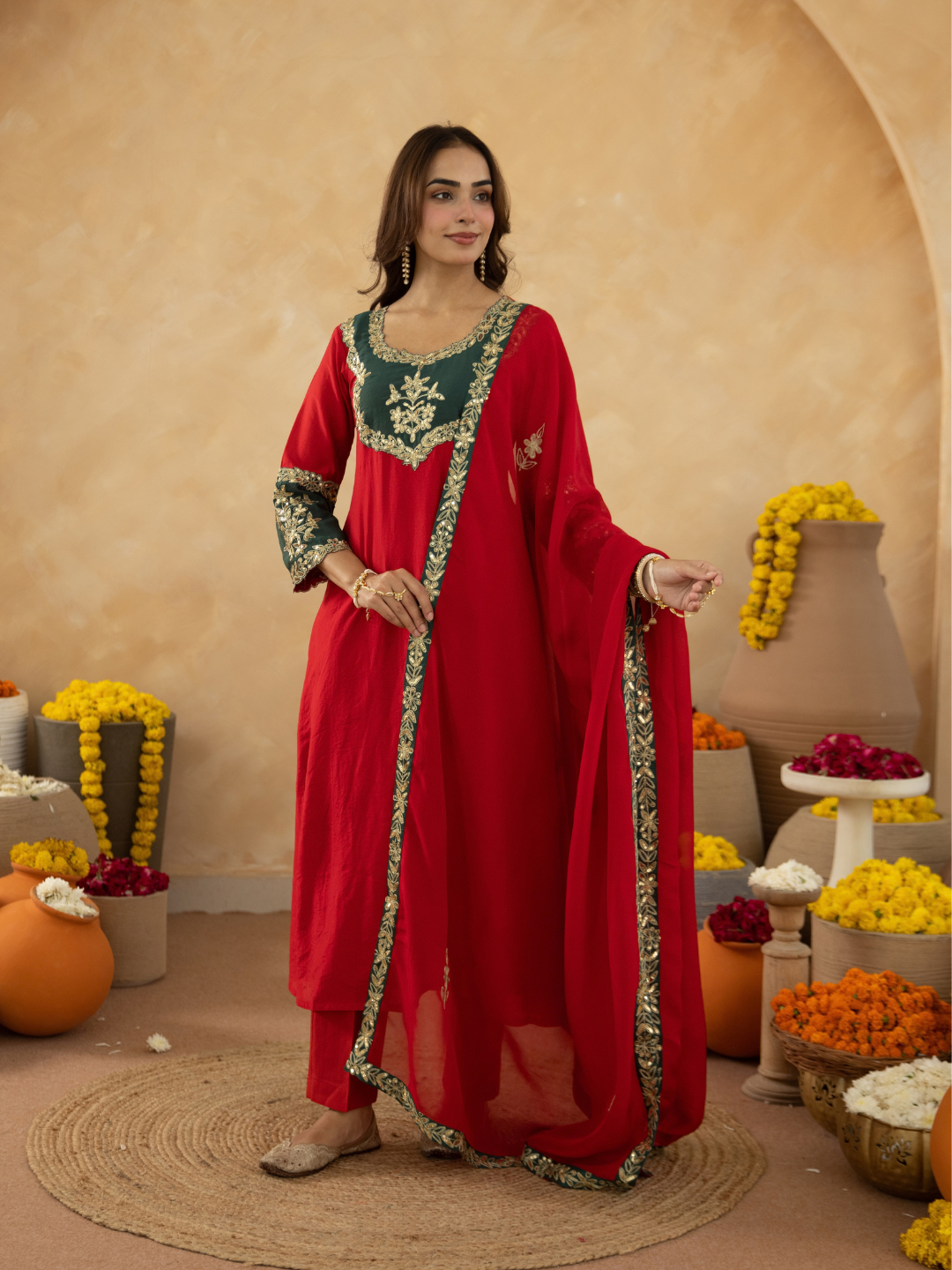 Red Chanderi A-Line Kurta Set with Handwork Detailing &  Organza Dupatta