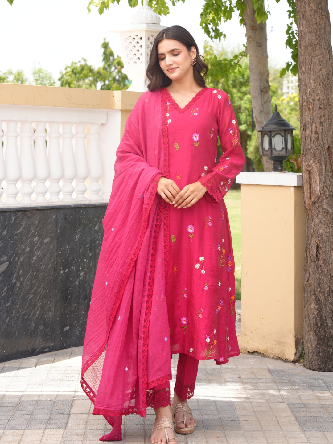 Dark Pink Chanderi Floral Embroidered Kurta Set